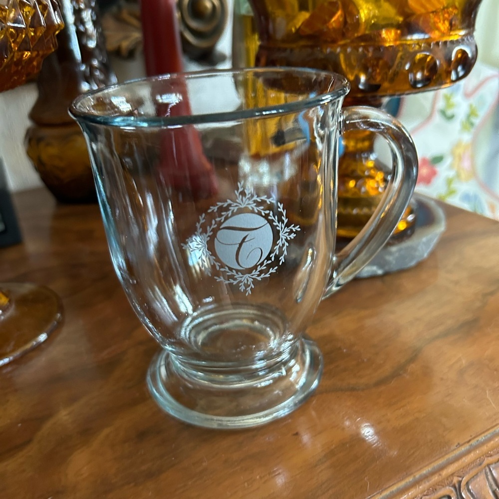 Vintage Footed Glass Monogrammed Initial “T” Coffee Mug